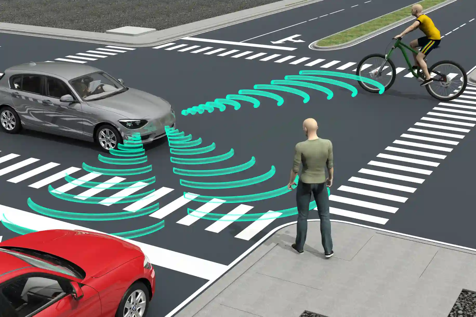 A person walking on a sidewalk near a crosswalk, with vehicles parked nearby and a road visible in the background.
