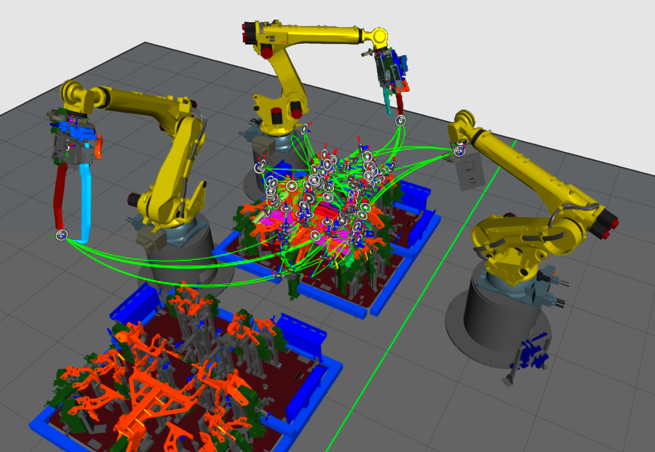Three spot welding robots with optimized motion paths and interlocks