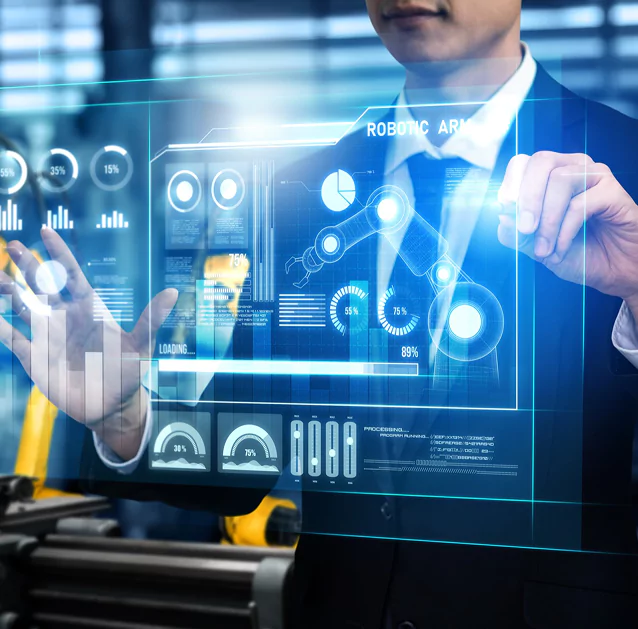 A man in a suit holds a device displaying a sleek, futuristic interface, showcasing advanced technology.
