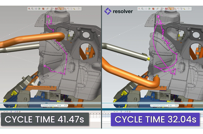 image comparison between original cycle time at 41.47 seconds versus Resolver cycle at 32.04 seconds