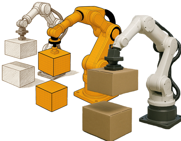 Image of robot evolution from initial sketch to CAD drawing to finish