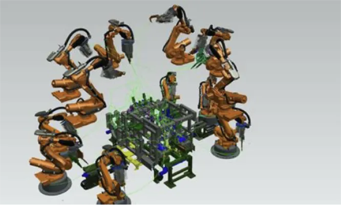 A detailed view of multiple industrial robotic arms in action