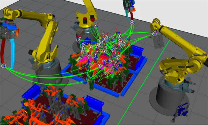A complex robotic automation system with multiple robotic arms and colourful components